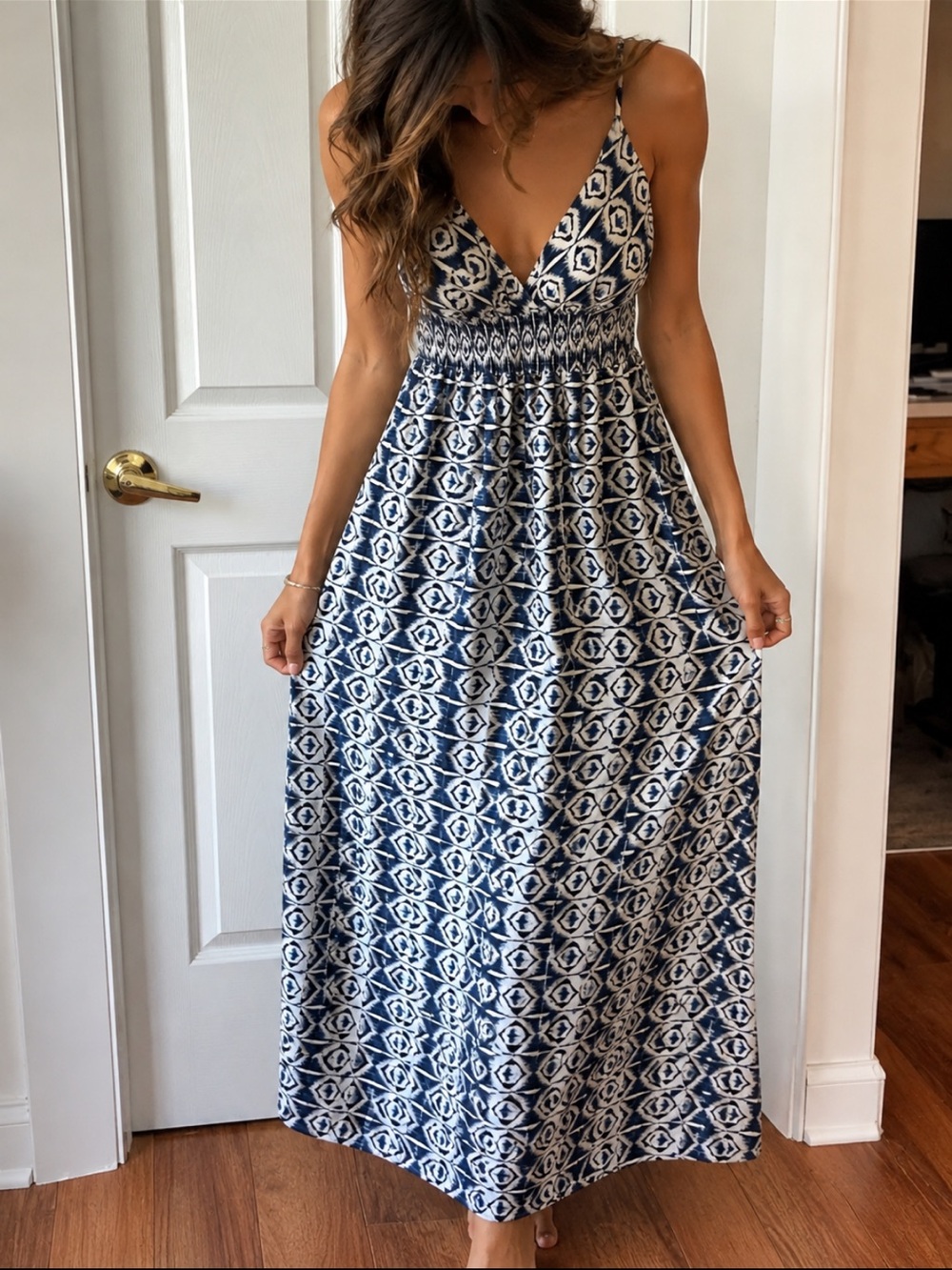Navy and White Printed Smocked Maxi Dress